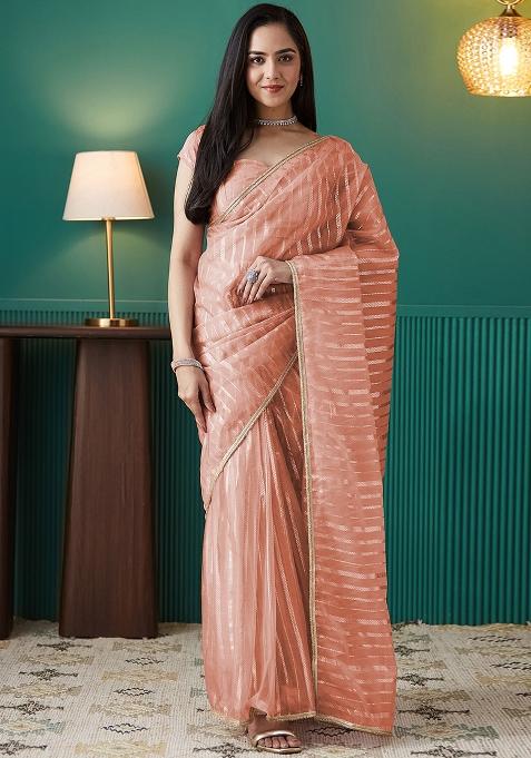 Peach Foil Printed Organza Saree Set