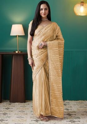 Yellow Foil Printed Organza Saree Set