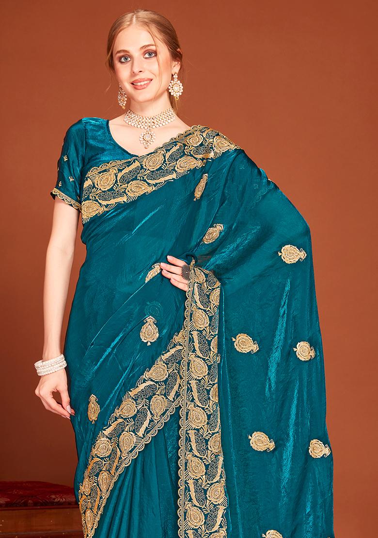 Morpeach Embroidered Silk Saree Set - Indya