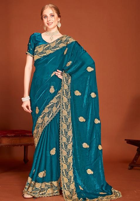 Morpeach Embroidered Silk Saree Set