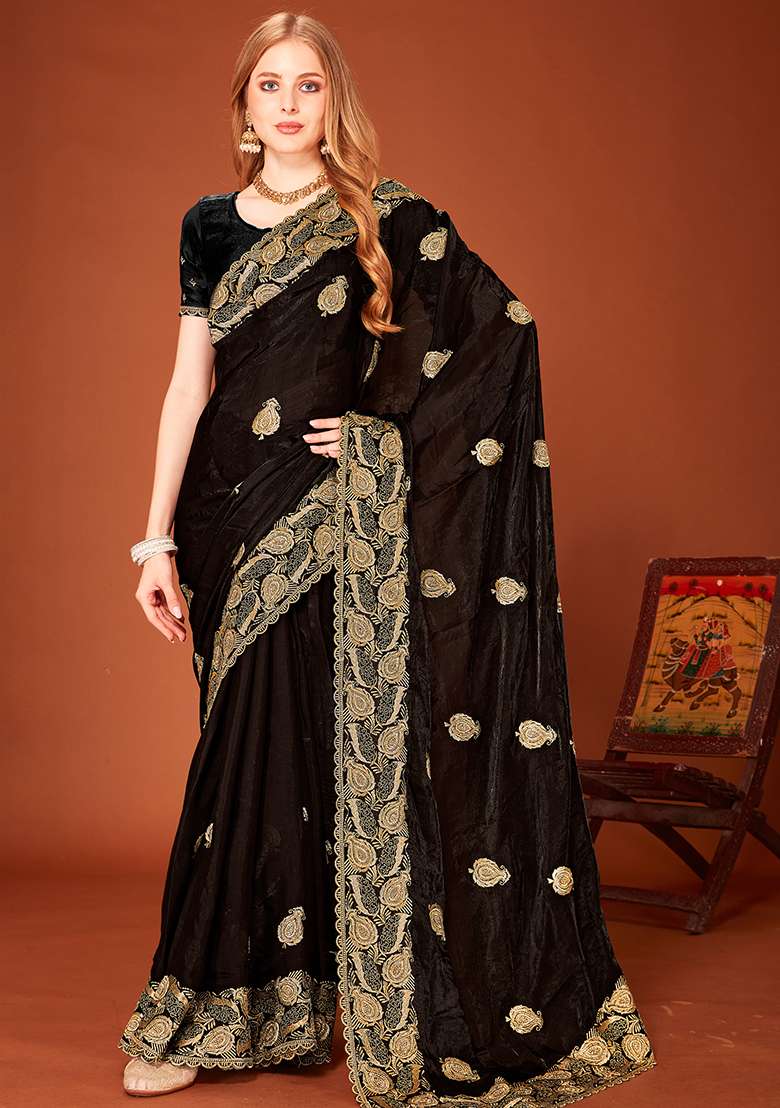 Black Silk Blend Saree Set with Embroidered for Diwali | Wedding & Festive Wear - Indya