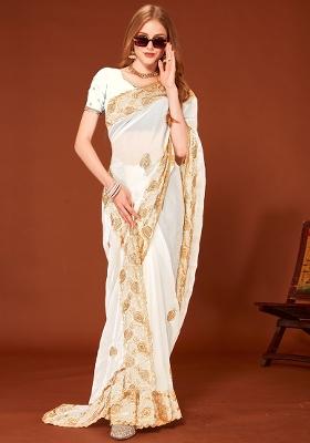 White Embroidered Silk Saree Set