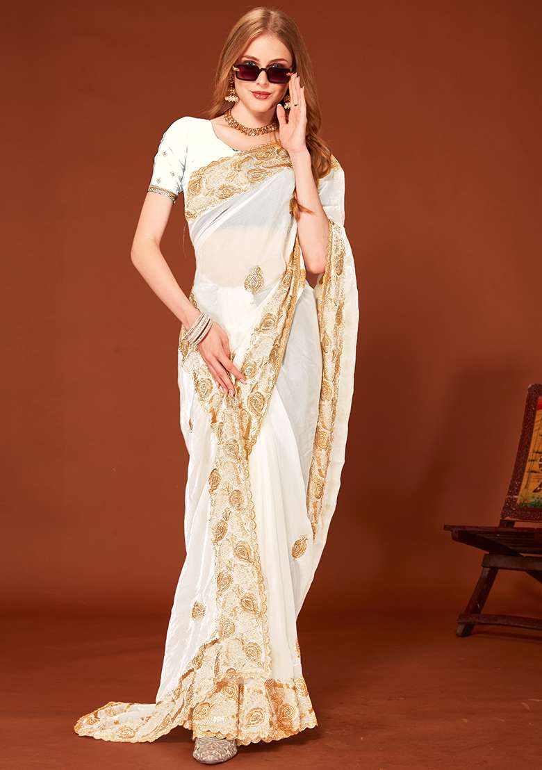 White Silk Blend Saree Set with Embroidered for Diwali | Wedding & Festive Wear - Indya