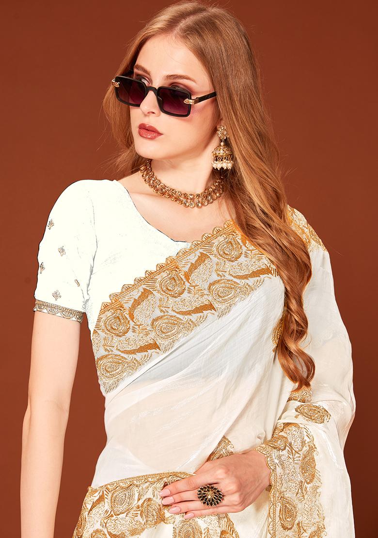 White Embroidered Silk Saree Set - Indya