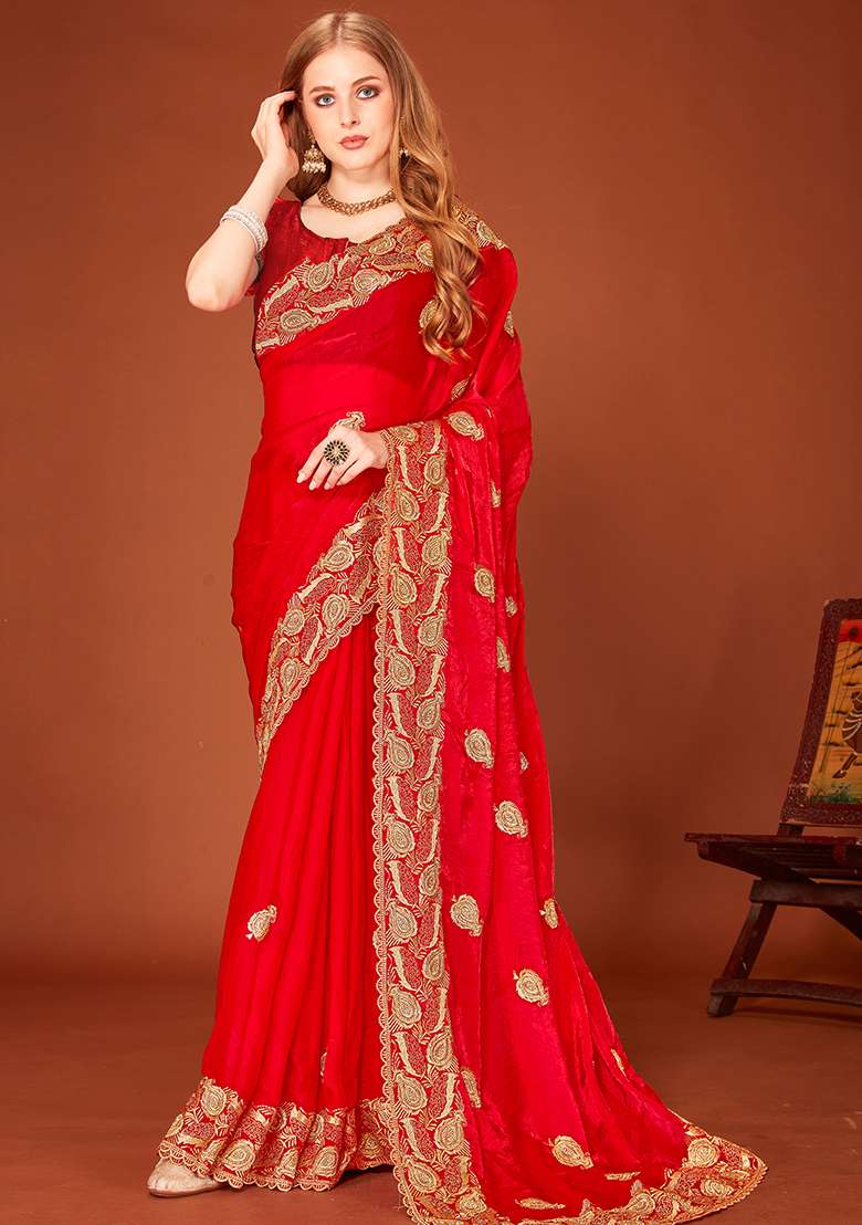 Red Embroidered Silk Blend Saree Set for Diwali and Festive Wear - Indya