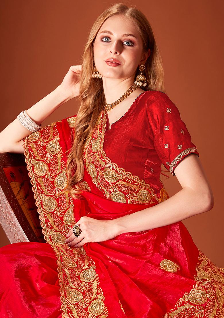 Red Embroidered Silk Saree Set - Indya
