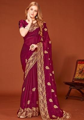 Wine Embroidered Silk Saree Set