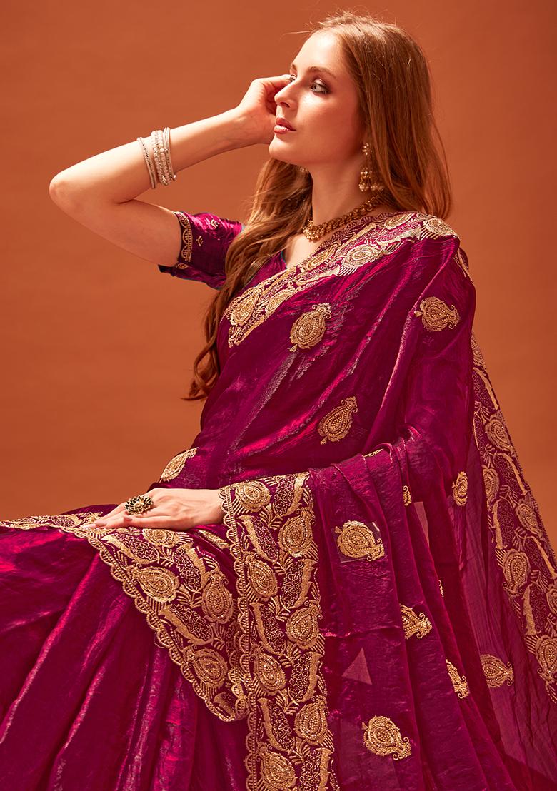 Wine Embroidered Silk Saree Set - Indya