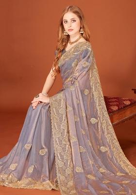 Grey Embroidered Silk Saree Set