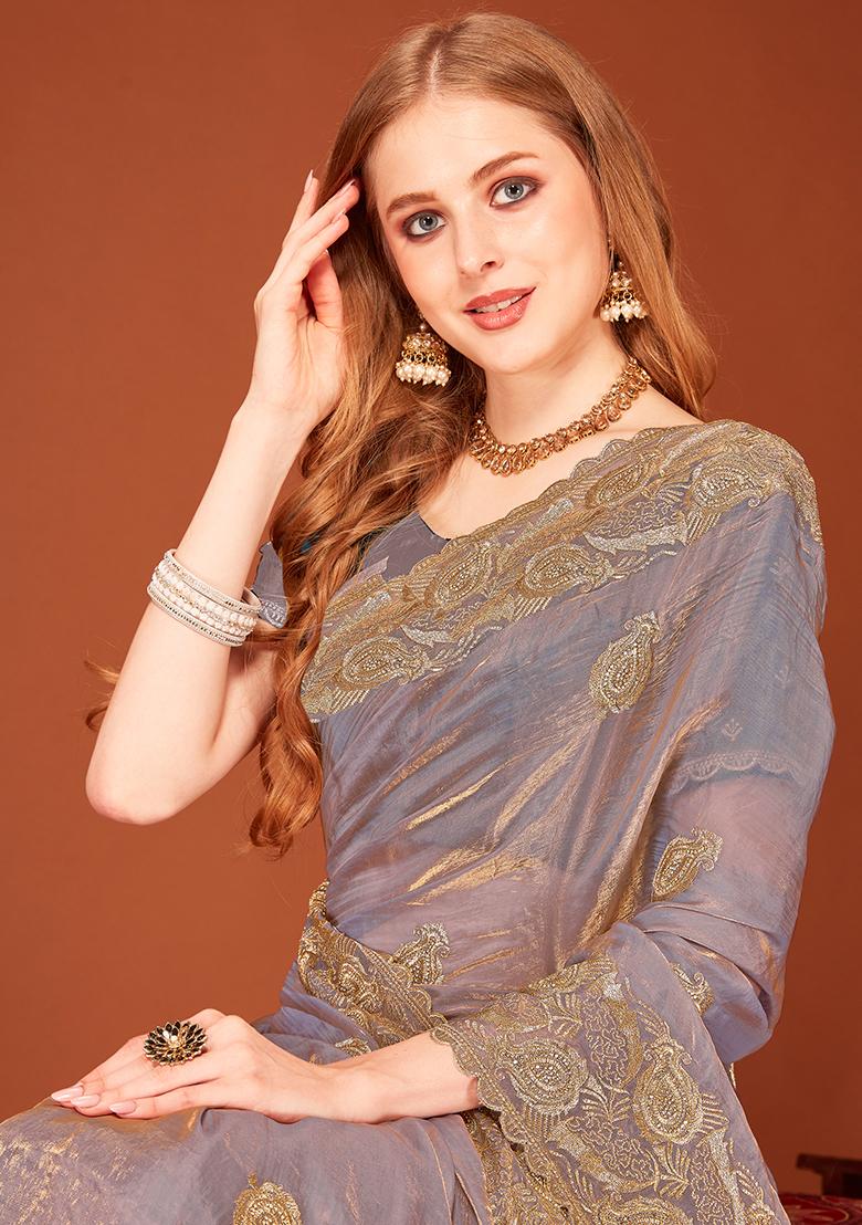 Grey Embroidered Silk Saree Set - Indya