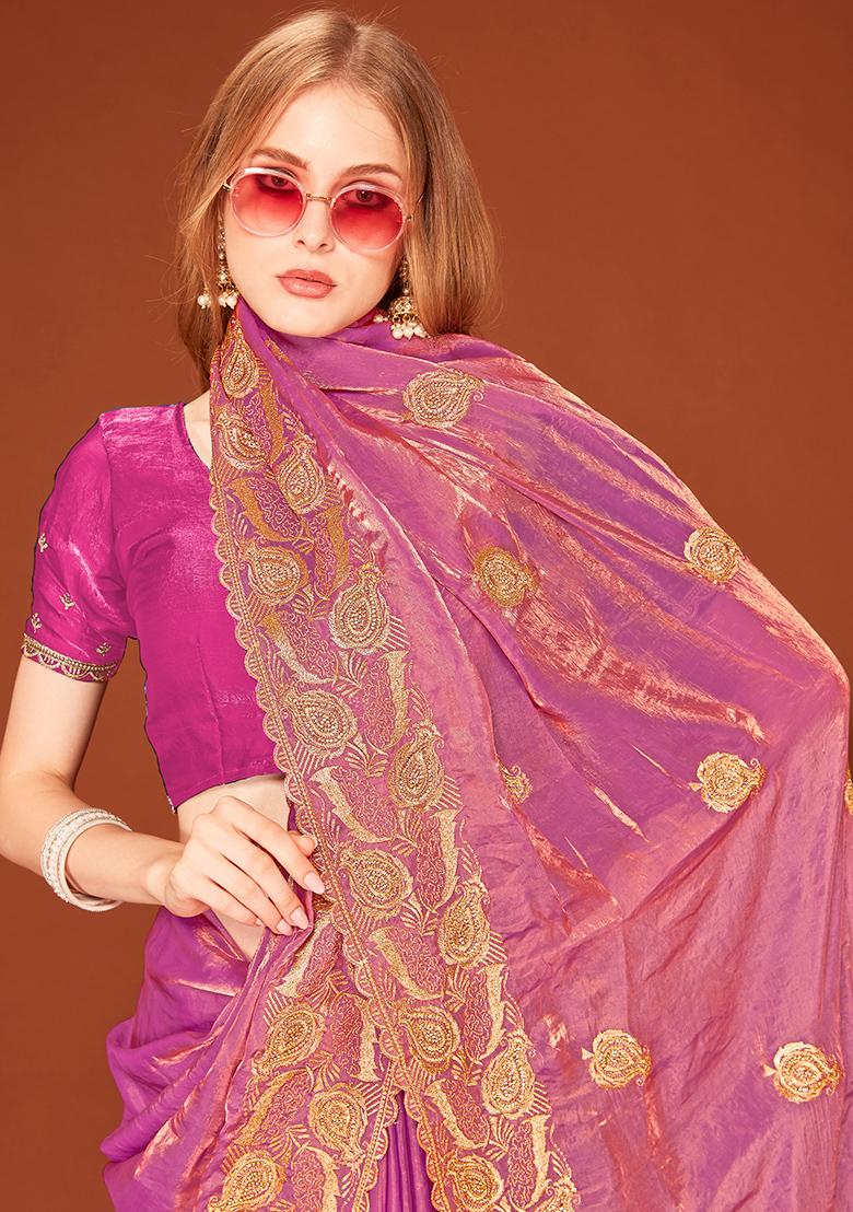 Dusty Pink Embroidered Silk Saree Set - Indya