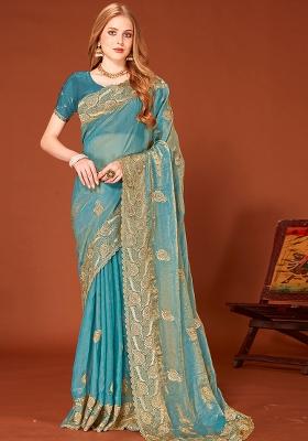 Ice Blue Embroidered Silk Saree Set