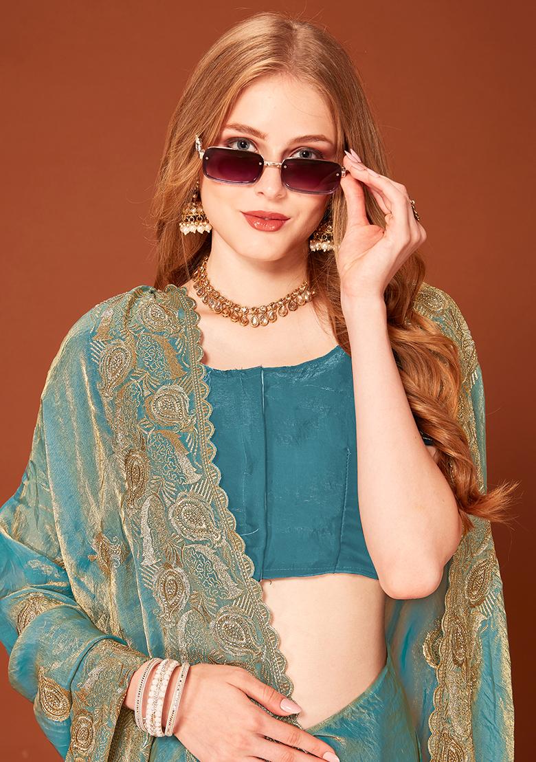 Ice Blue Embroidered Silk Saree Set - Indya