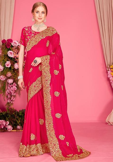 Rani Embroidered Silk Saree Set