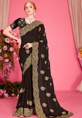 Black Embroidered Silk Saree Set
