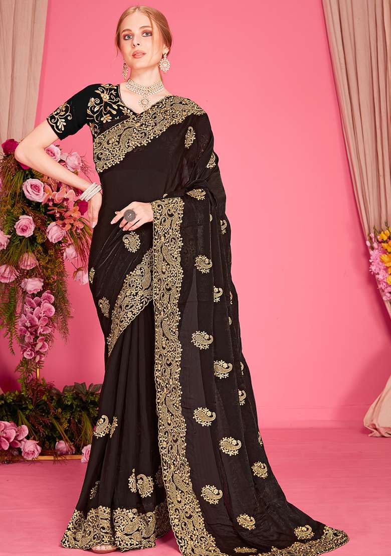 Black Silk Blend Saree Set with Embroidered for Diwali | Wedding & Festive Wear - Indya