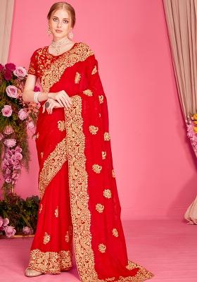 Red Embroidered Silk Saree Set