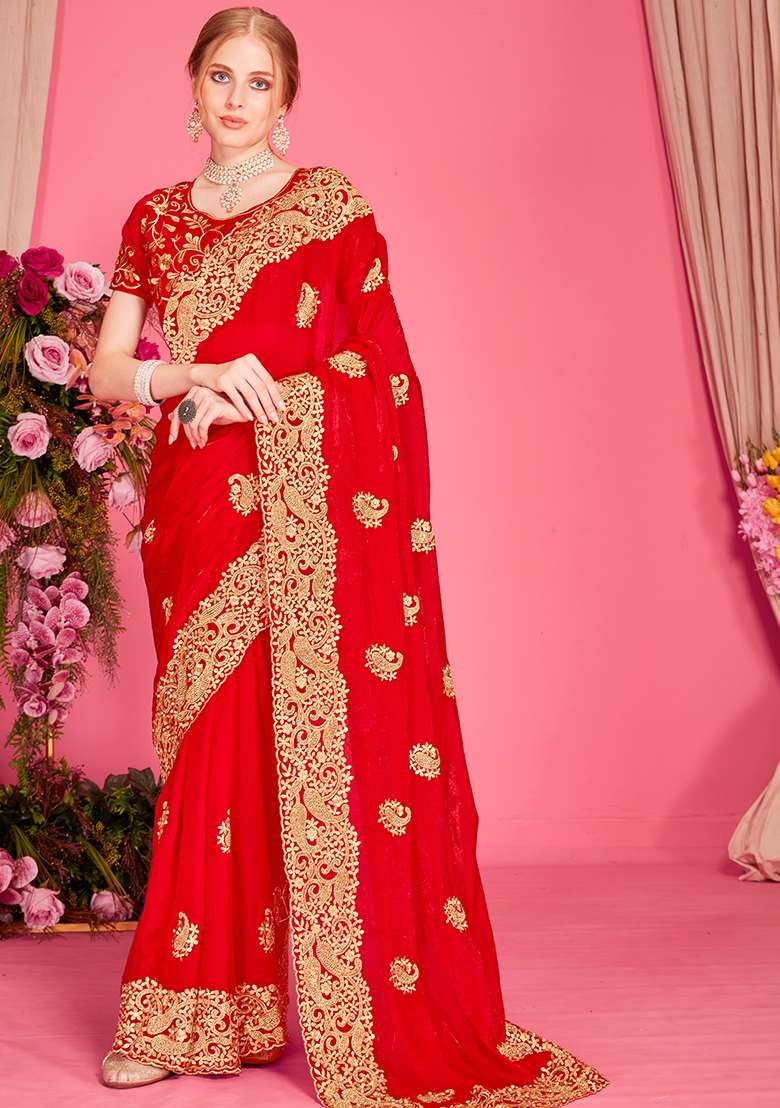 Red Embroidered Silk Blend Saree Set for Diwali and Festive Wear - Indya