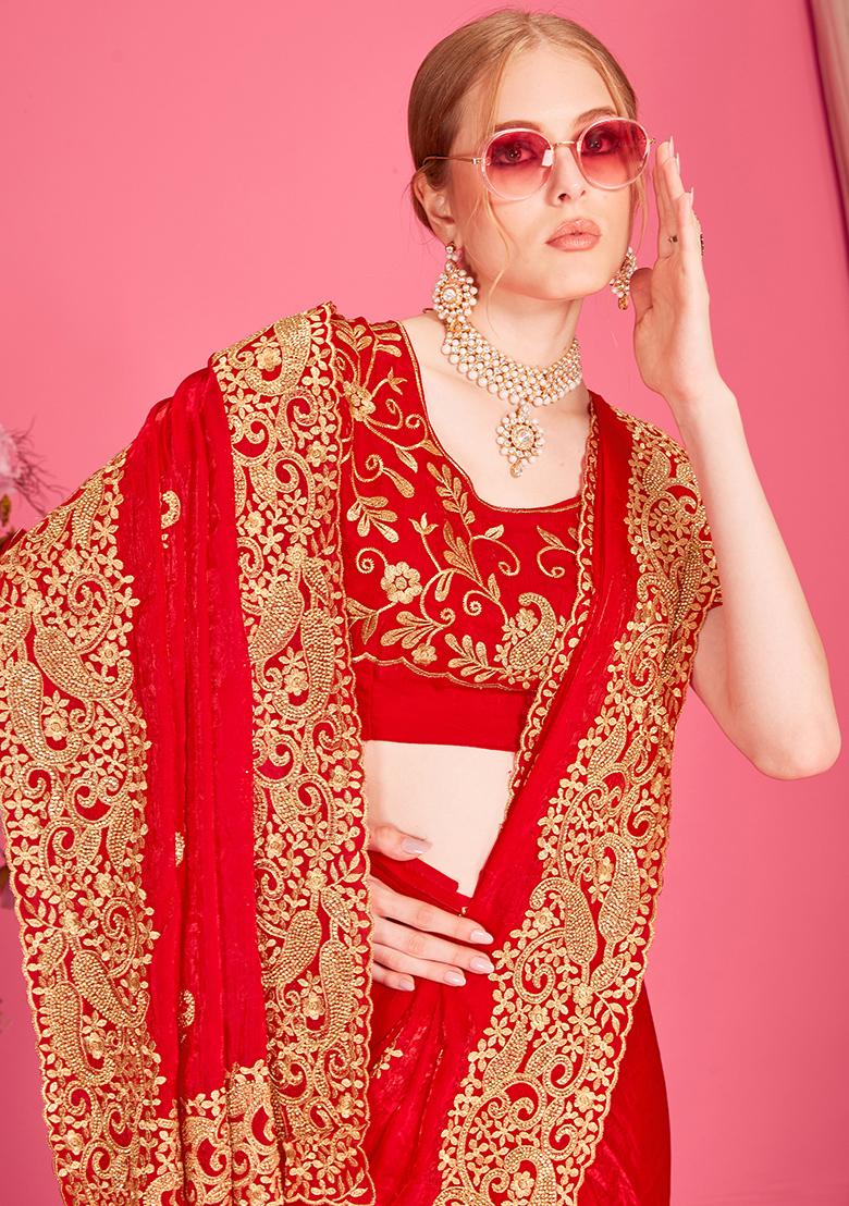 Red Embroidered Silk Saree Set - Indya