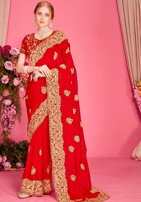 Red Embroidered Silk Saree Set
