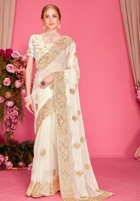 White Embroidered Silk Saree Set