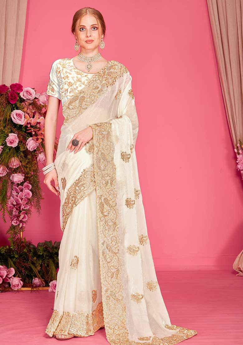 White Silk Blend Saree Set with Embroidered for Diwali | Wedding & Festive Wear - Indya