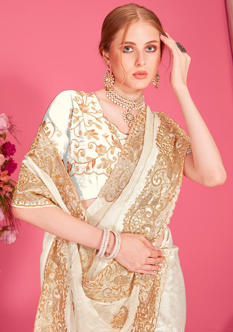 White Embroidered Silk Saree Set - Indya