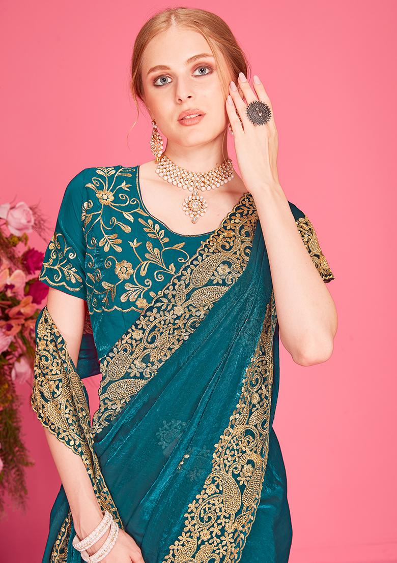 Morpeach Embroidered Silk Saree Set - Indya