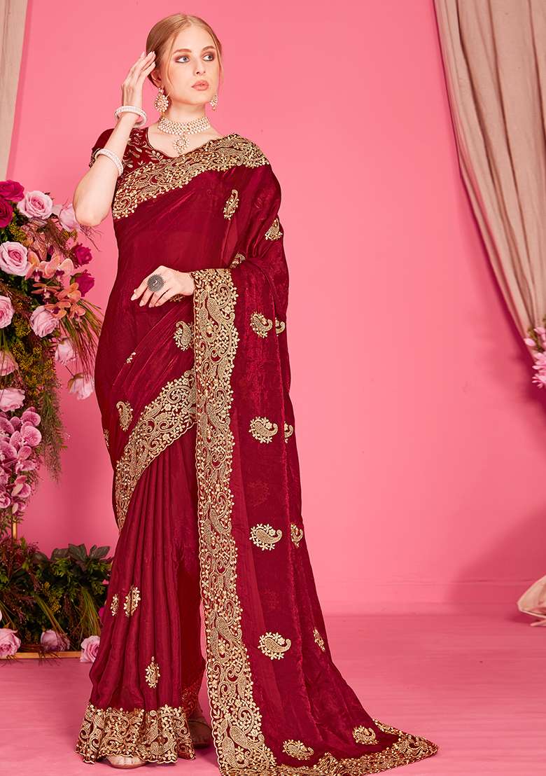 Maroon Embroidered Silk Blend Saree Set for Diwali and Festive Wear - Indya
