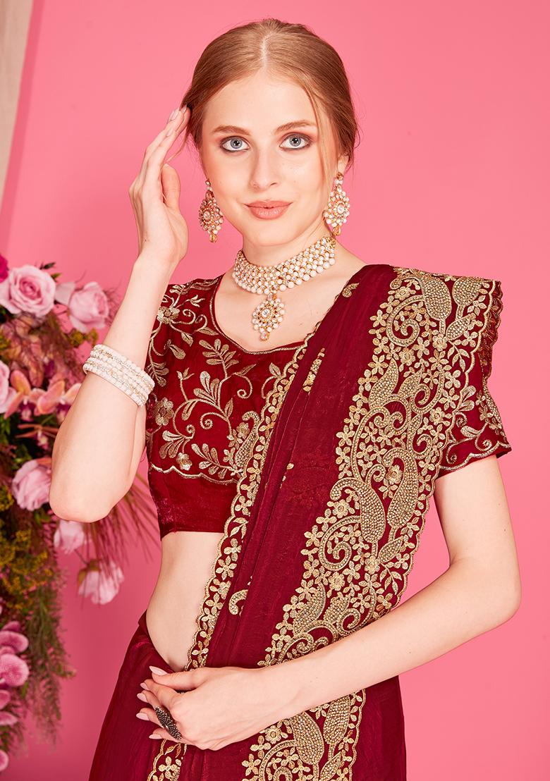 Maroon Embroidered Silk Saree Set - Indya