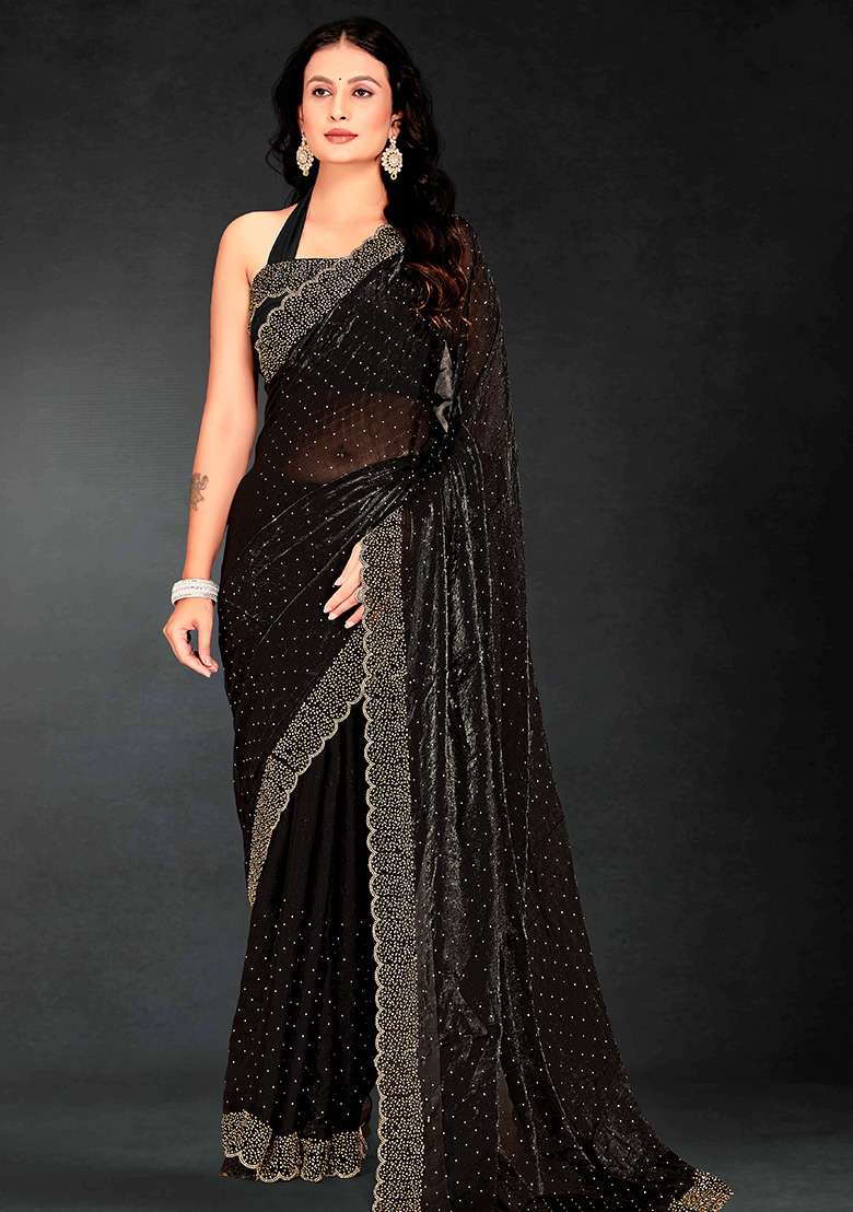 Black Embroidered Silk Blend Saree Set - Indya