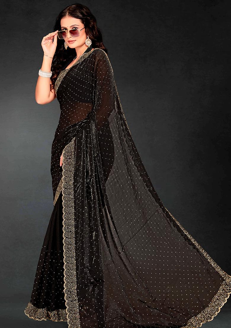 Black Embroidered Silk Saree Set - Indya