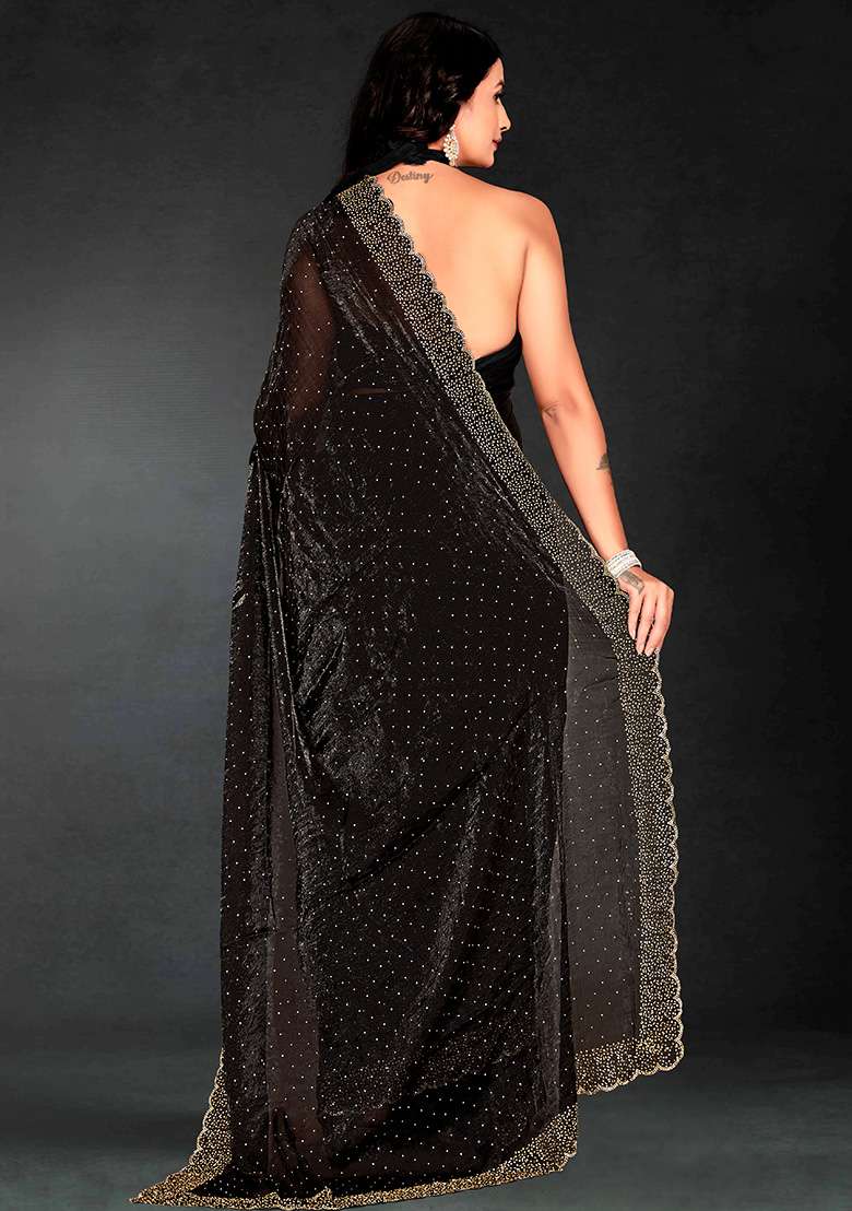 Black Embroidered Silk Blend Saree Set - Indya