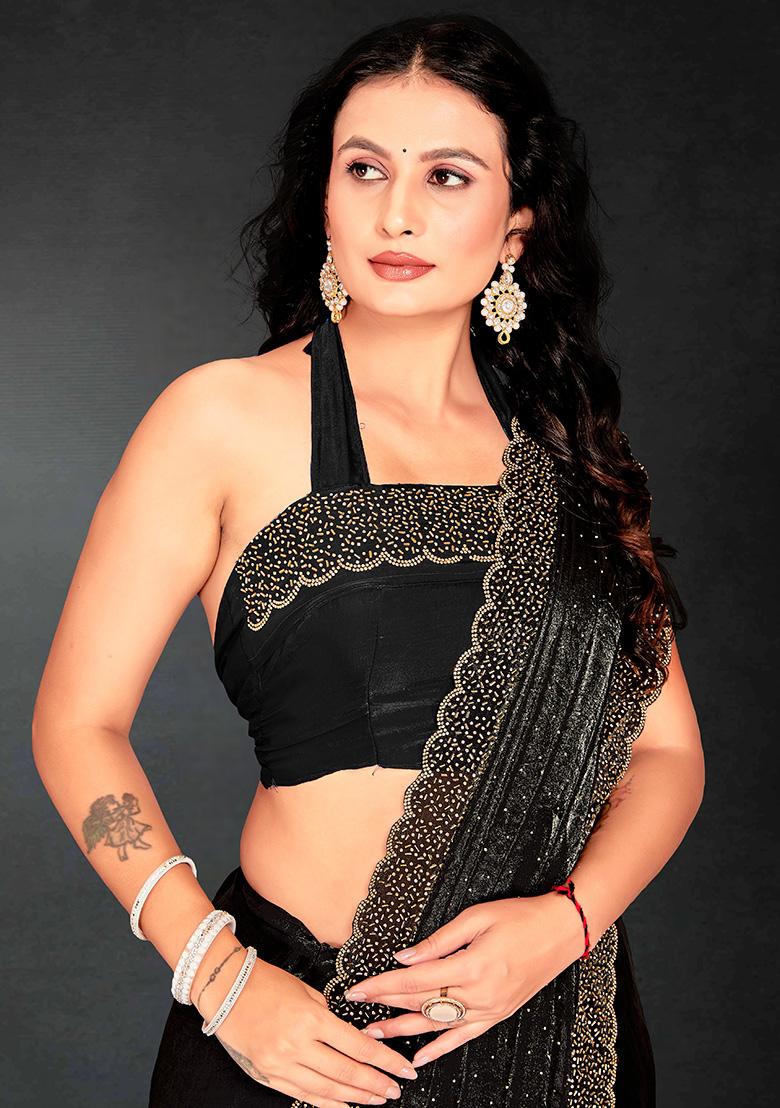 Black Embroidered Silk Saree Set - Indya