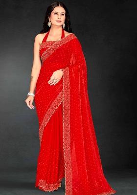 Red Embroidered Silk Saree Set
