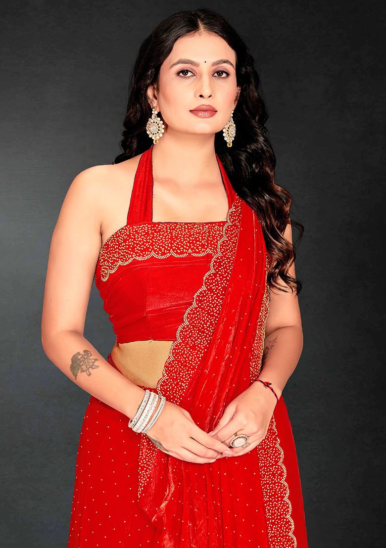 Red Embroidered Silk Saree Set - Indya