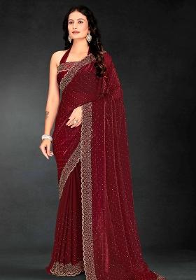 Maroon Embroidered Silk Saree Set