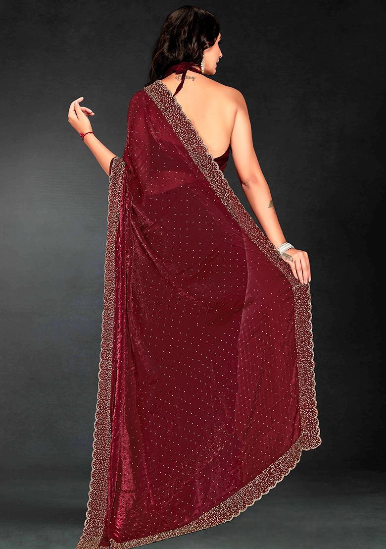 Maroon Embroidered Silk Saree Set