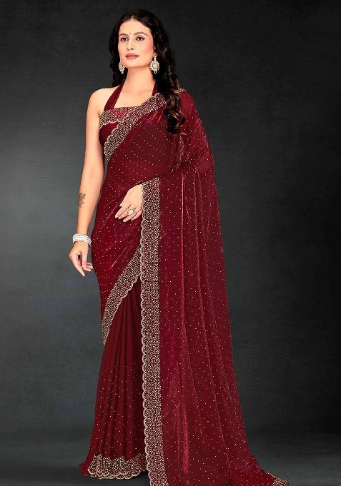 Maroon Embroidered Silk Saree Set