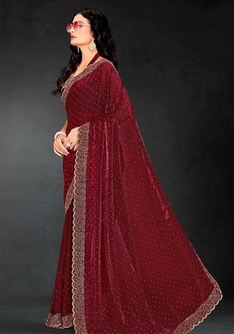 Maroon Embroidered Silk Saree Set