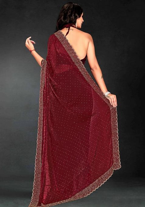 Maroon Embroidered Silk Saree Set