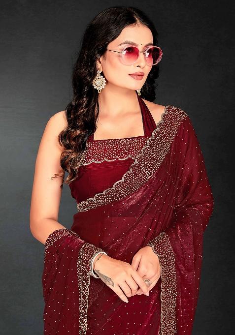 Maroon Embroidered Silk Saree Set