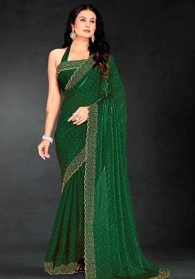 Green Embroidered Silk Saree Set