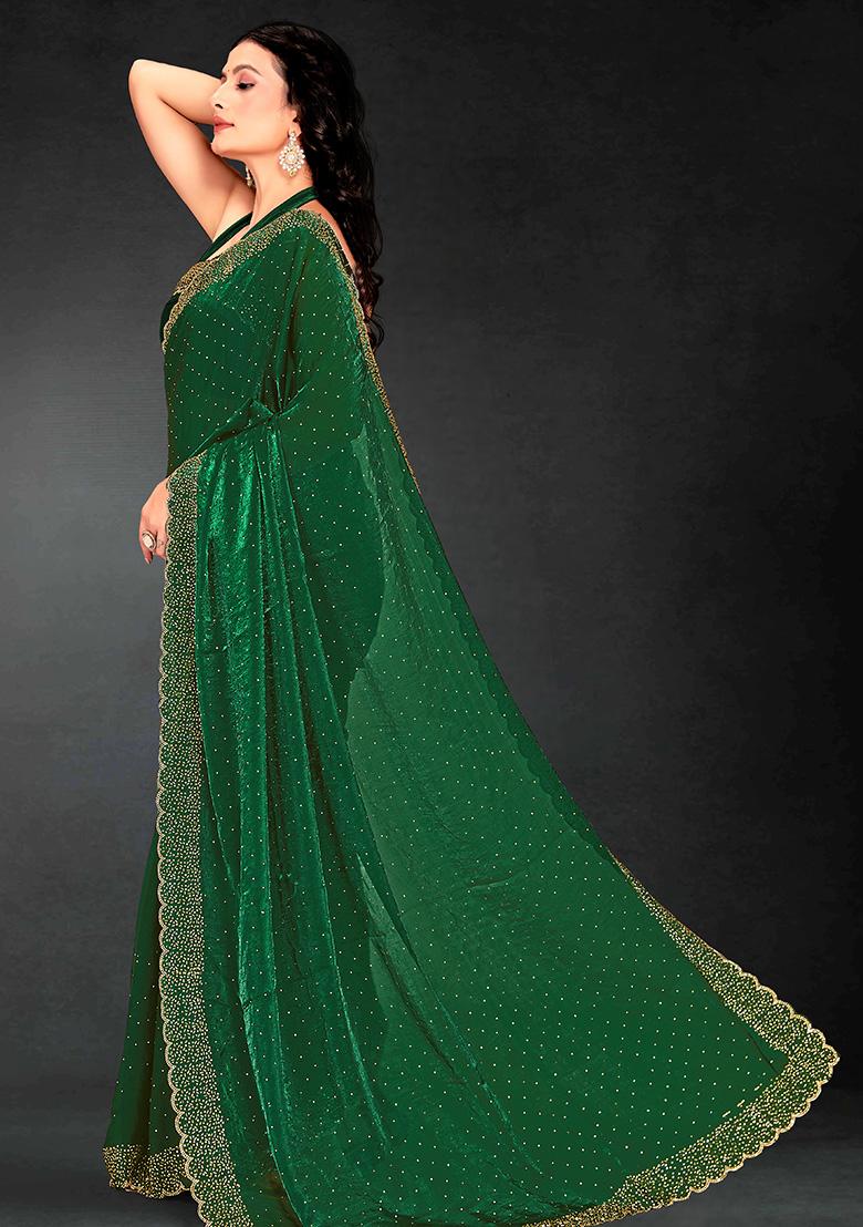Green Embroidered Silk Saree Set - Indya