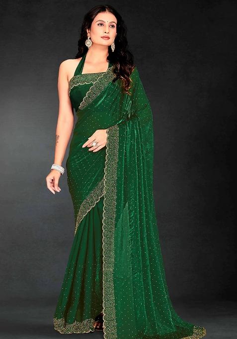 Green Embroidered Silk Saree Set