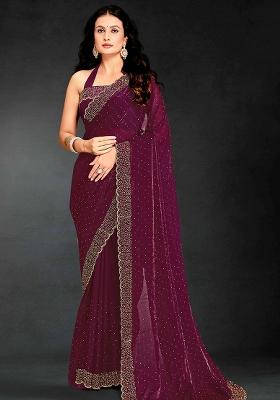 Wine Embroidered Silk Saree Set