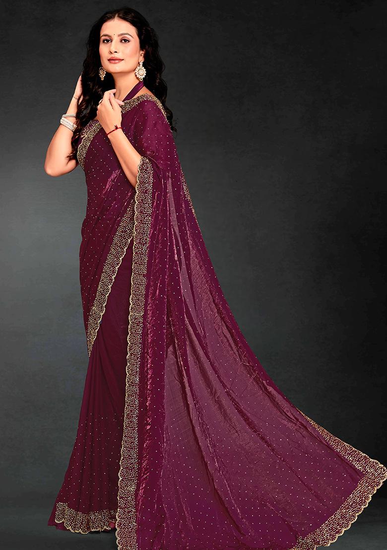 Wine Embroidered Silk Saree Set - Indya