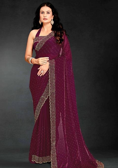 Wine Embroidered Silk Saree Set