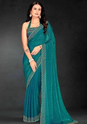 Firozi Embroidered Silk Saree Set