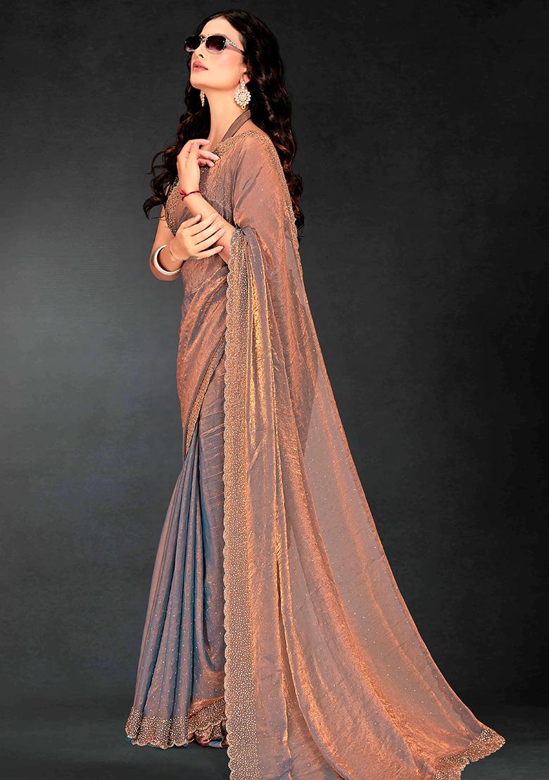 Grey Embroidered Silk Saree Set - Indya